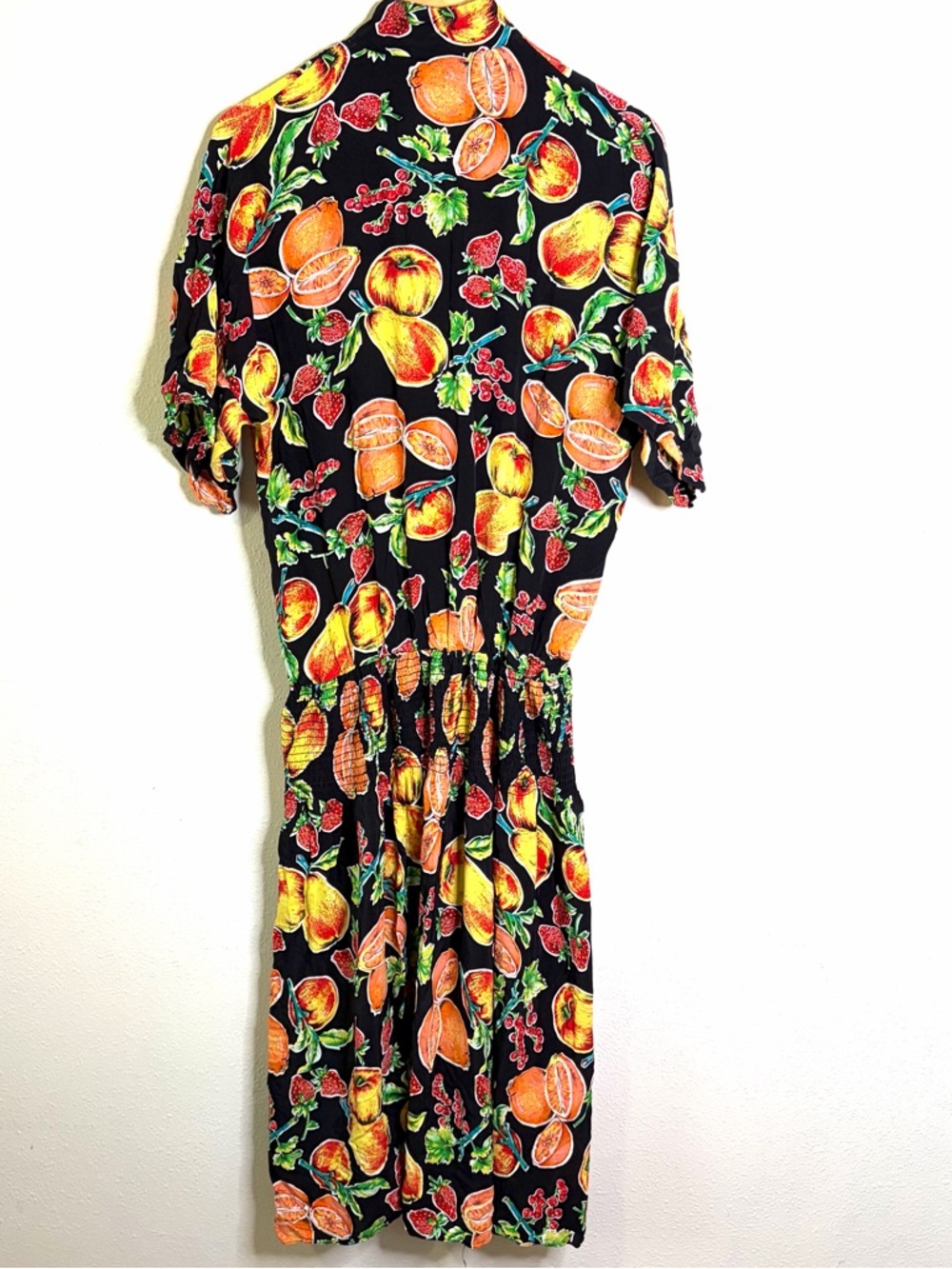 Vintage 80s 90s Donna Morgan Black Midi shirt Dress colorful Fruit Print L XL - Picture 6 of 7